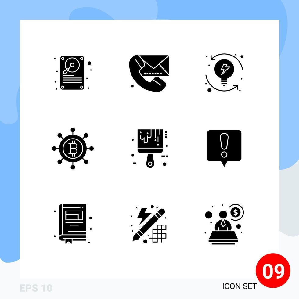 Modern Set of 9 Solid Glyphs Pictograph of tool brush messaging money system Editable Vector Design Elements