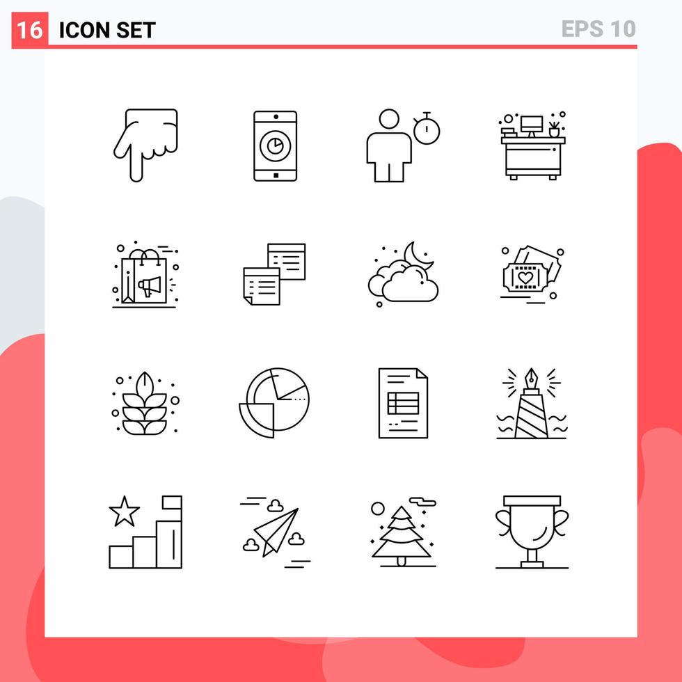 User Interface Pack of 16 Basic Outlines of marketing bag body workplace desk Editable Vector Design Elements