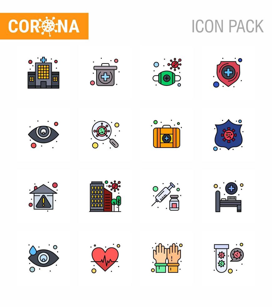 Conjunto de 16 líneas llenas de color plano de iconos epidémicos del virus de la corona, como máscara de protección visual, protección médica, coronavirus viral 2019nov, elementos de diseño de vectores de enfermedades