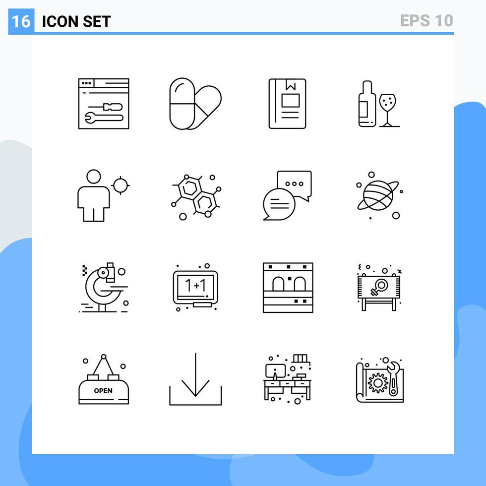 Set of 16 Modern UI Icons Symbols Signs for human avatar knowledge love bottle Editable Vector Design Elements