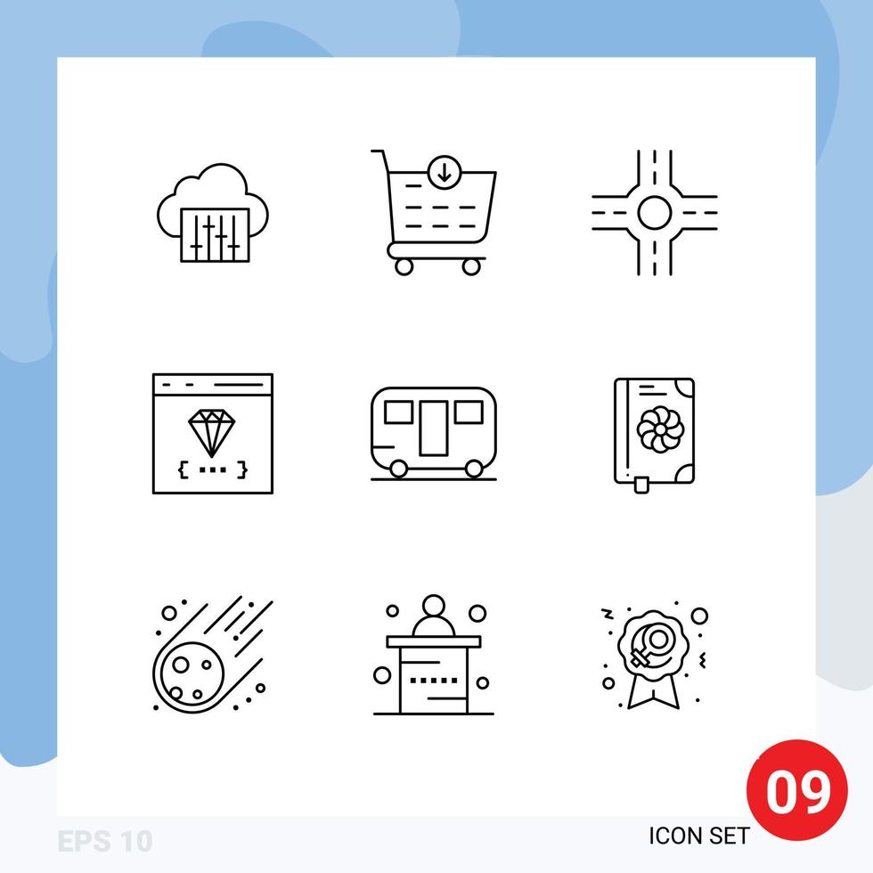 Mobile Interface Outline Set of 9 Pictograms of book travel app trailer development Editable Vector Design Elements