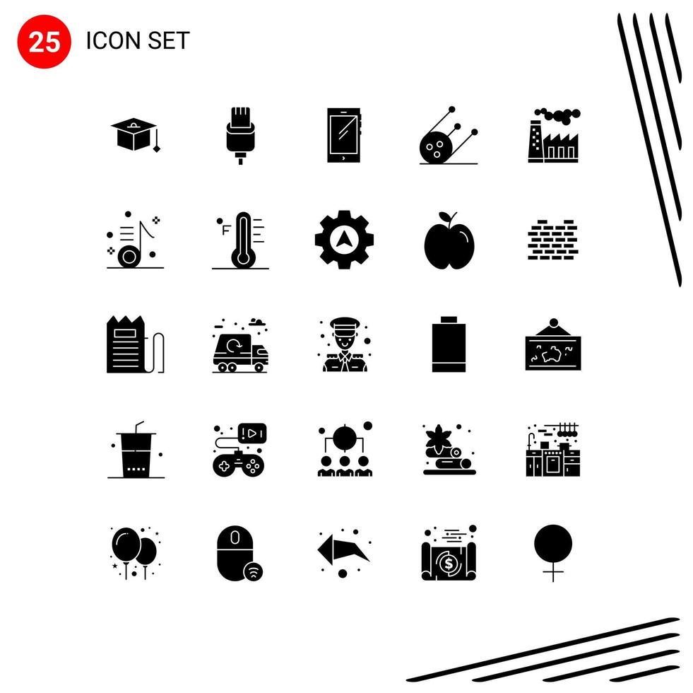 Mobile Interface Solid Glyph Set of 25 Pictograms of production factory smart phone space science Editable Vector Design Elements