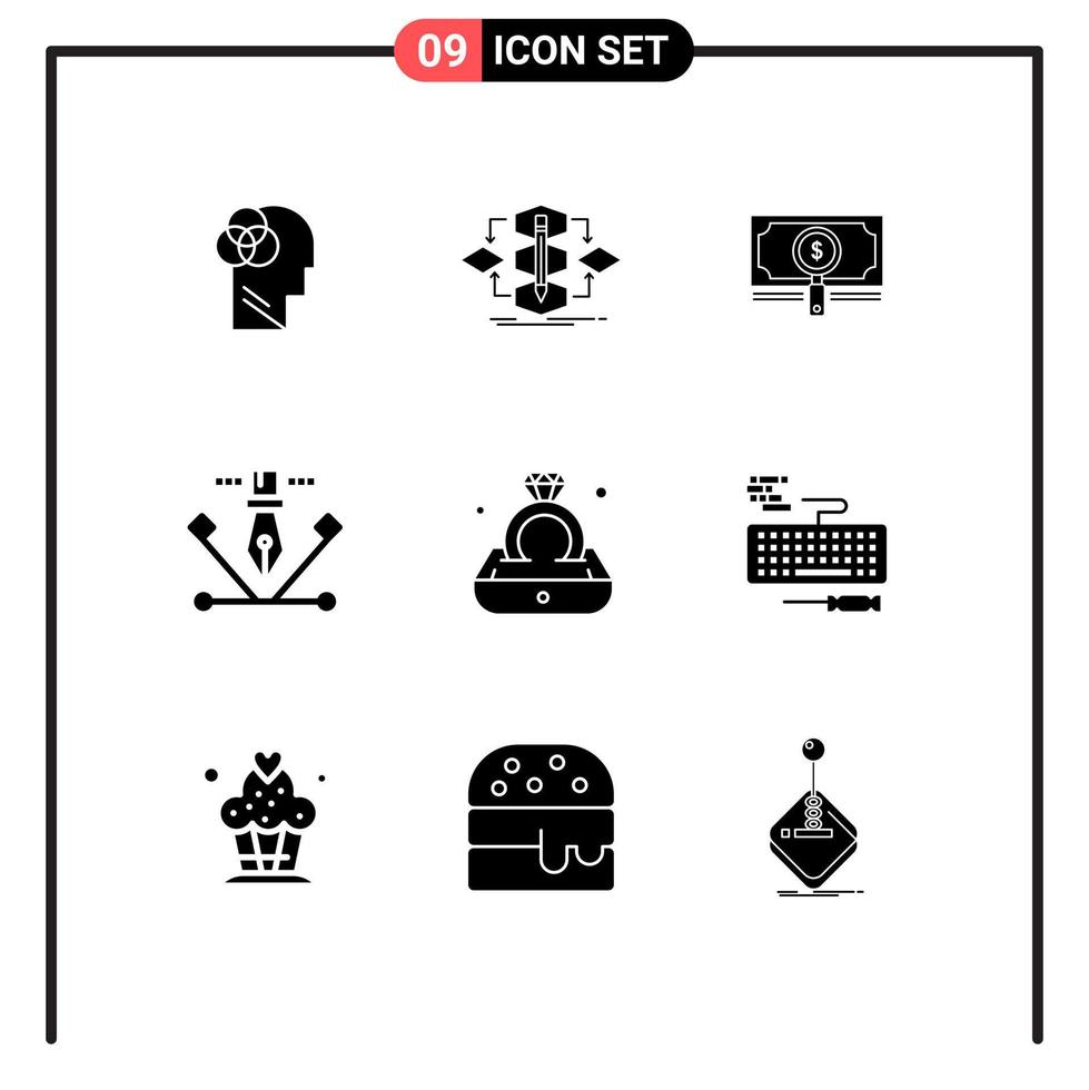 Group of 9 Solid Glyphs Signs and Symbols for pen tool designing process artwork loan Editable Vector Design Elements