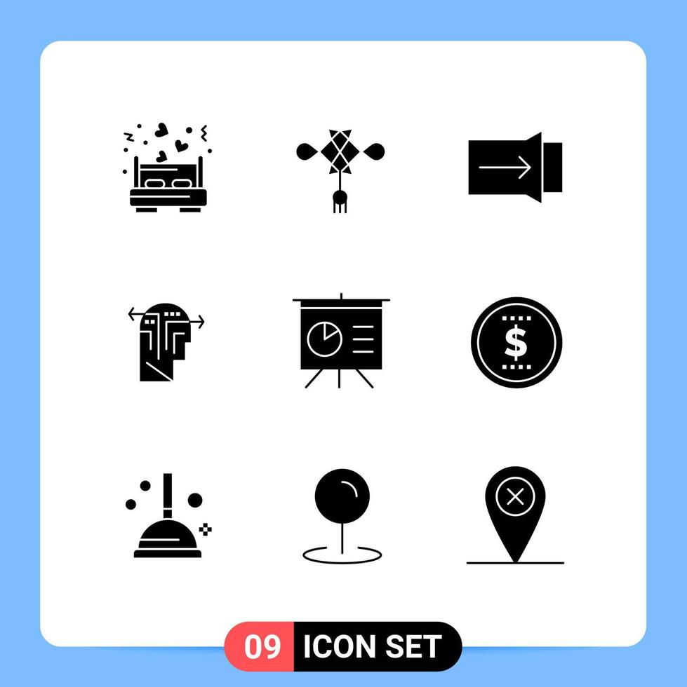 User Interface Pack of 9 Basic Solid Glyphs of presentation analytics gesture head thinking Editable Vector Design Elements