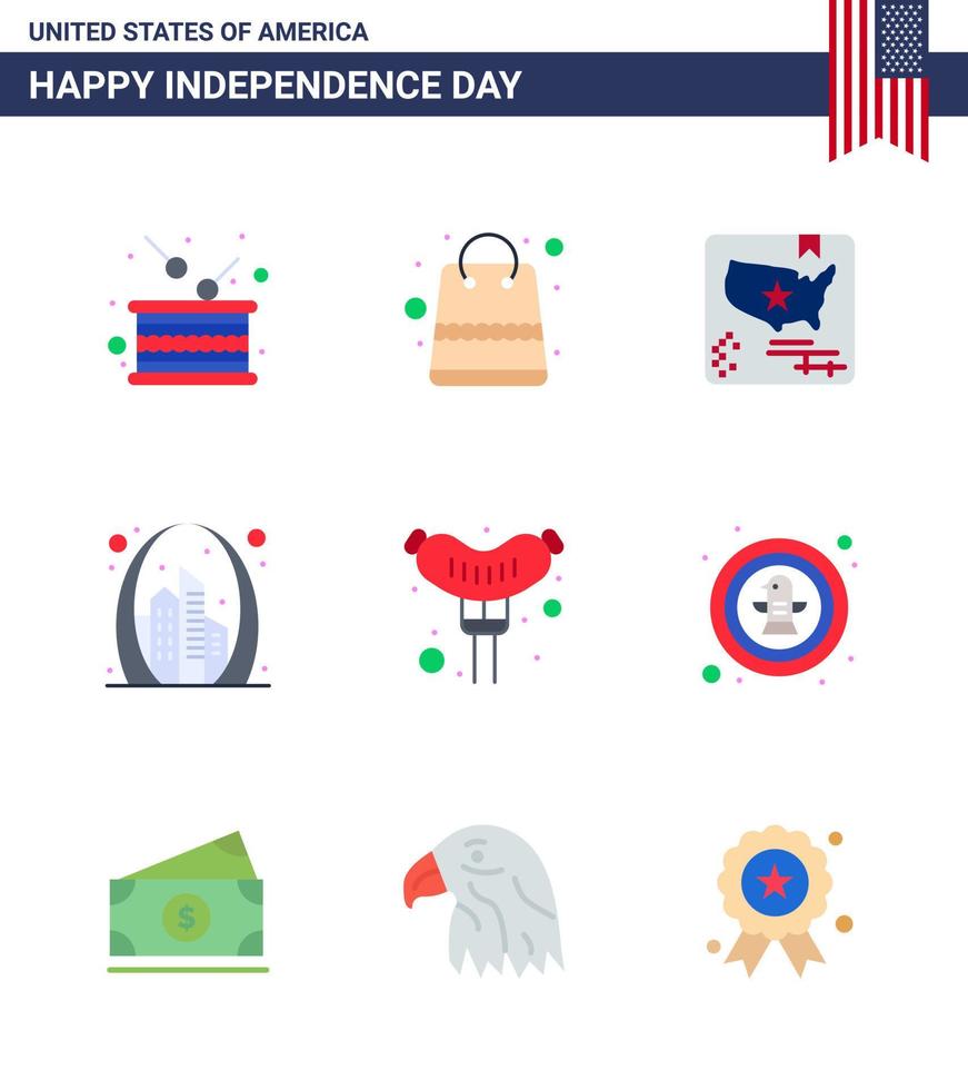 Happy Independence Day Pack of 9 Flats Signs and Symbols for usa gate shop building world Editable USA Day Vector Design Elements