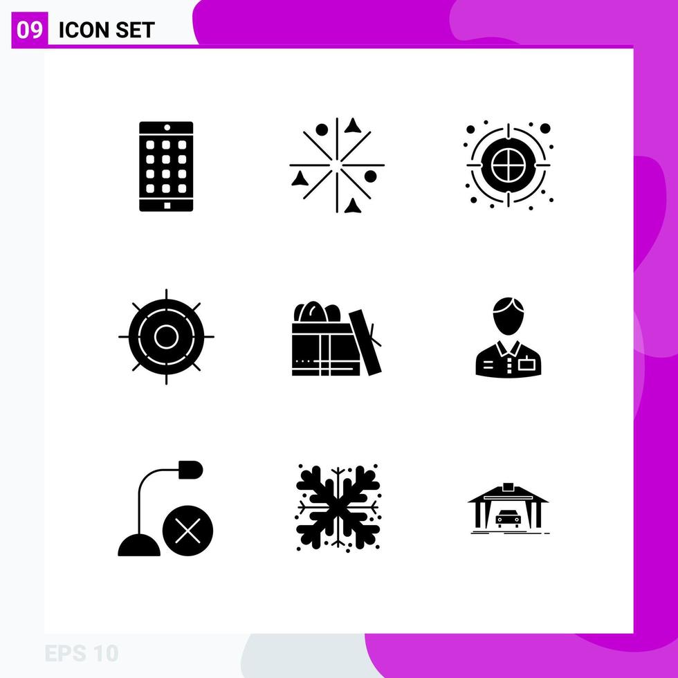 Solid Glyph Pack of 9 Universal Symbols of box wheel archery arrow ship wheel boat Editable Vector Design Elements