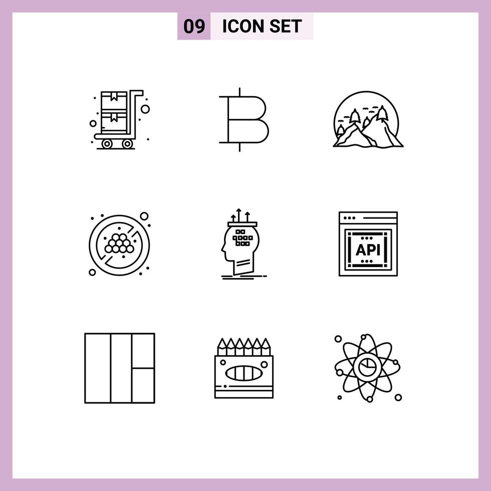 Modern Set of 9 Outlines Pictograph of process brain nature algorithm fruit no grape Editable Vector Design Elements
