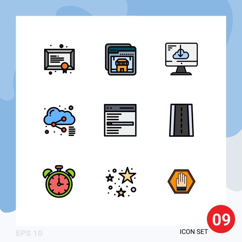 Group of 9 Modern Filledline Flat Colors Set for communication share cloud file installation Editable Vector Design Elements