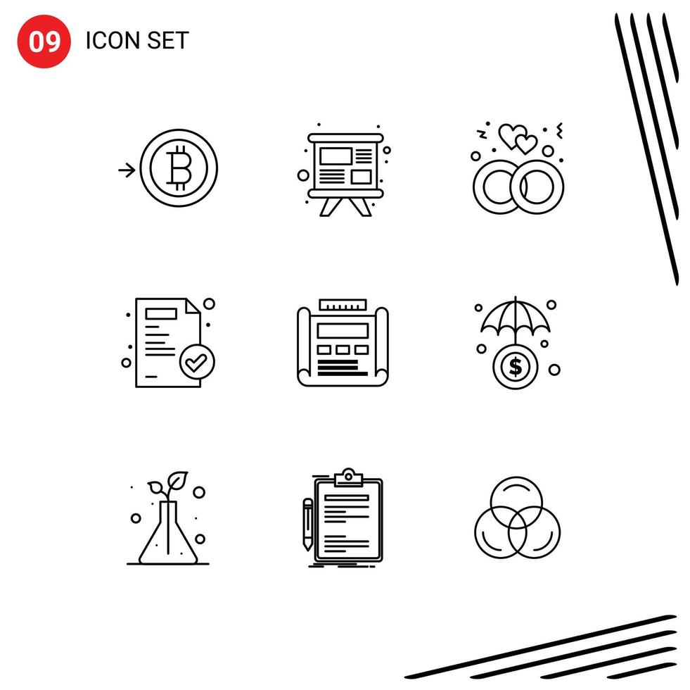 Pack of 9 Modern Outlines Signs and Symbols for Web Print Media such as drawing design love blueprint medical paper Editable Vector Design Elements