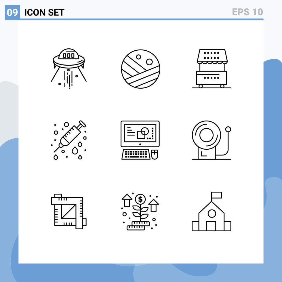 Universal Icon Symbols Group of 9 Modern Outlines of needle health strong hair care kiosk Editable Vector Design Elements