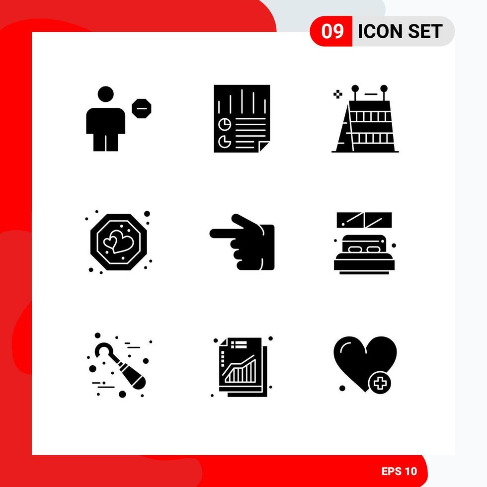 Modern Set of 9 Solid Glyphs Pictograph of tag heart report favorite equipment Editable Vector Design Elements