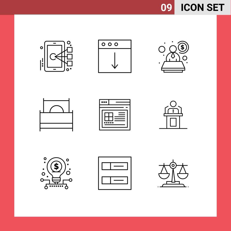 Universal Icon Symbols Group of 9 Modern Outlines of page interior account furniture double Editable Vector Design Elements