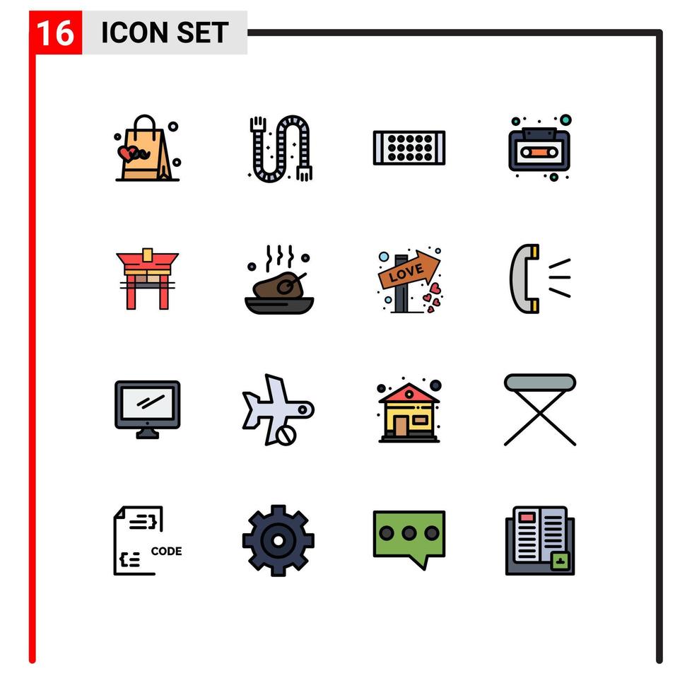 Modern Set of 16 Flat Color Filled Lines Pictograph of china gate lamp tape audio cassette Editable Creative Vector Design Elements