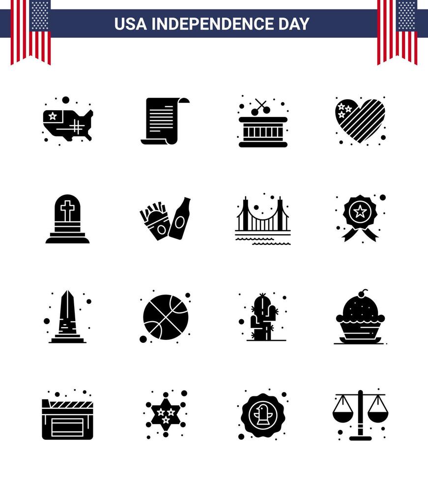 USA Independence Day Solid Glyph Set of 16 USA Pictograms of gravestone death drum love flag Editable USA Day Vector Design Elements