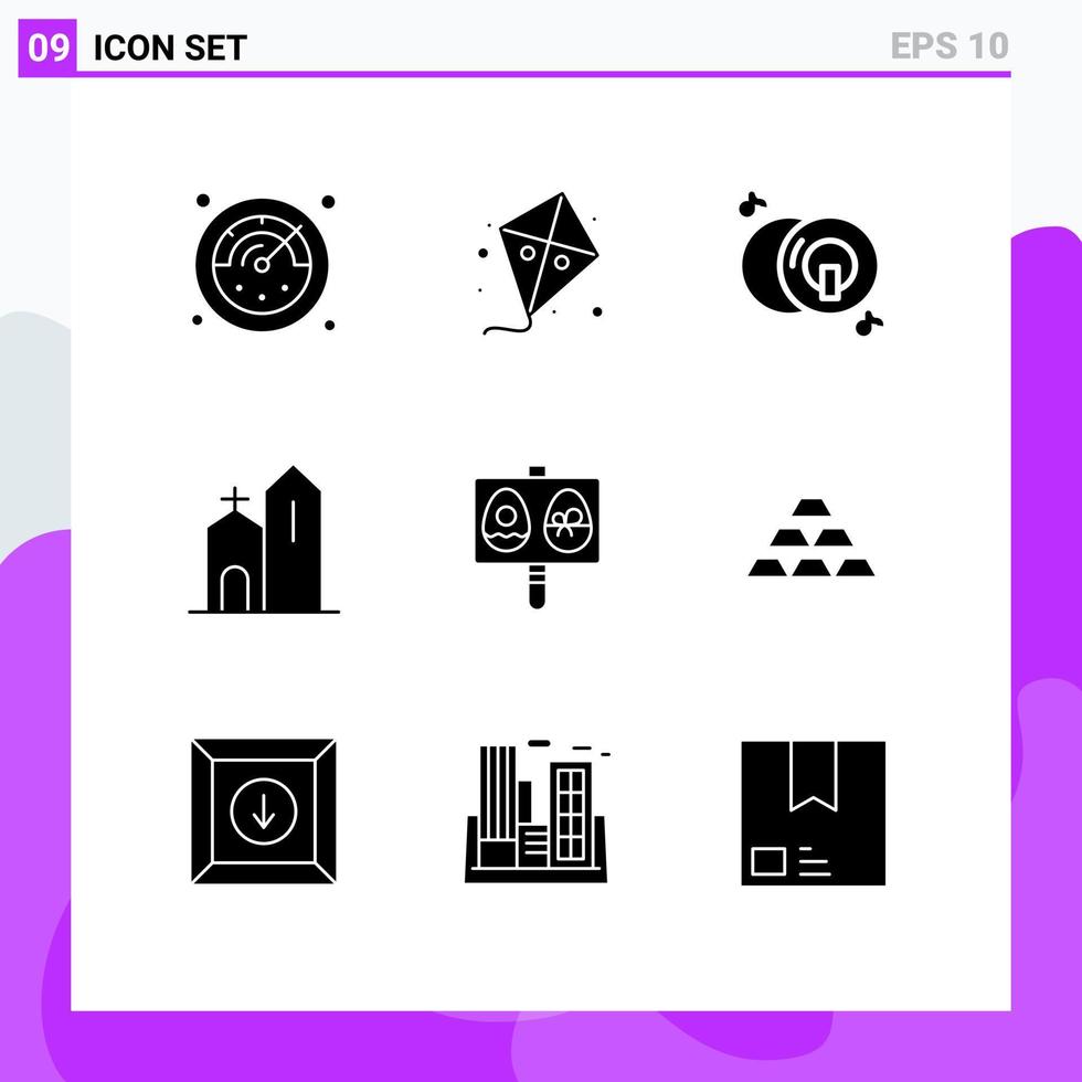 paquete de 9 signos y símbolos de glifos sólidos modernos para medios de impresión web como huevos monasterio dvd elementos de diseño de vectores editables cristianos históricos