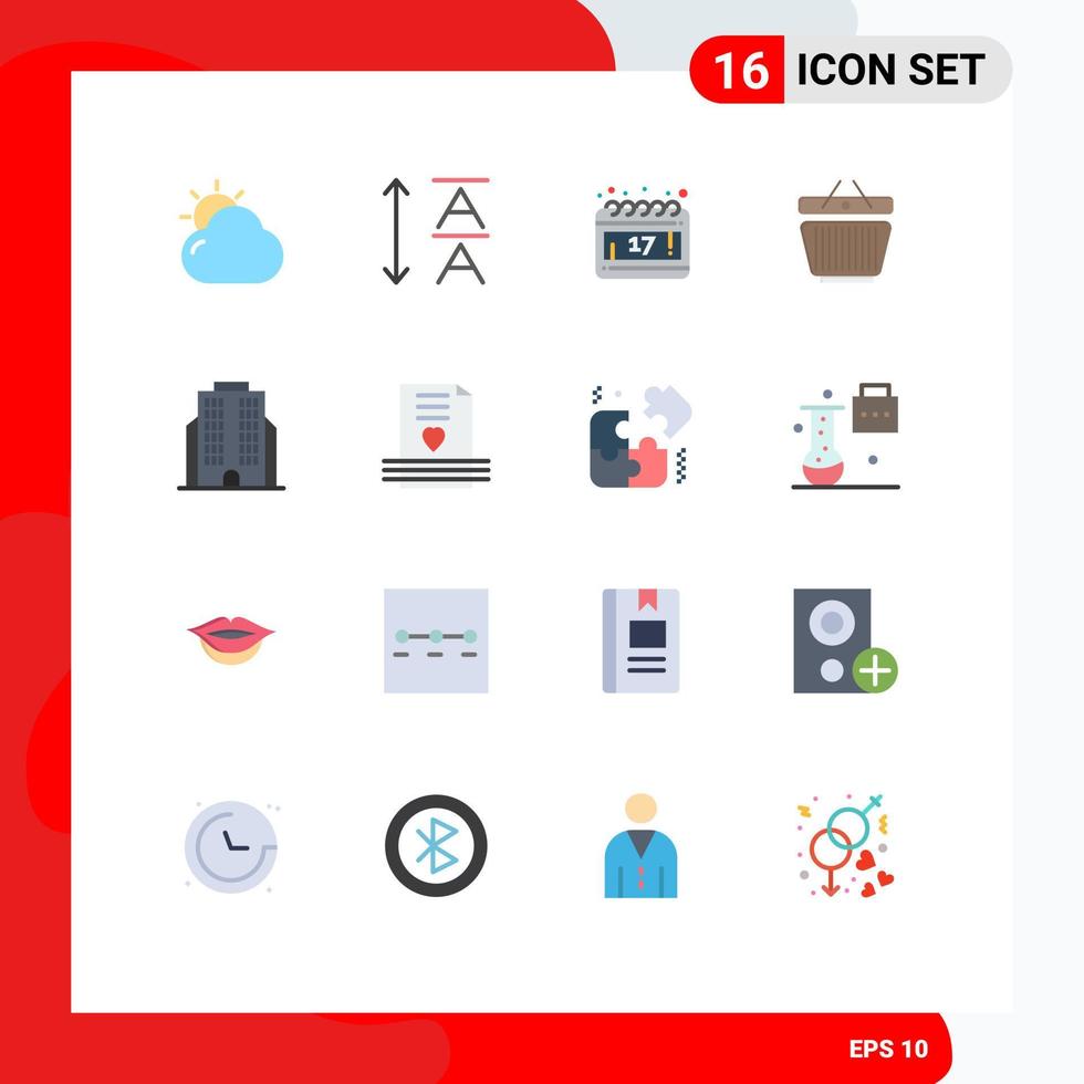 Pictogram Set of 16 Simple Flat Colors of invitation corporation schedule business cart Editable Pack of Creative Vector Design Elements