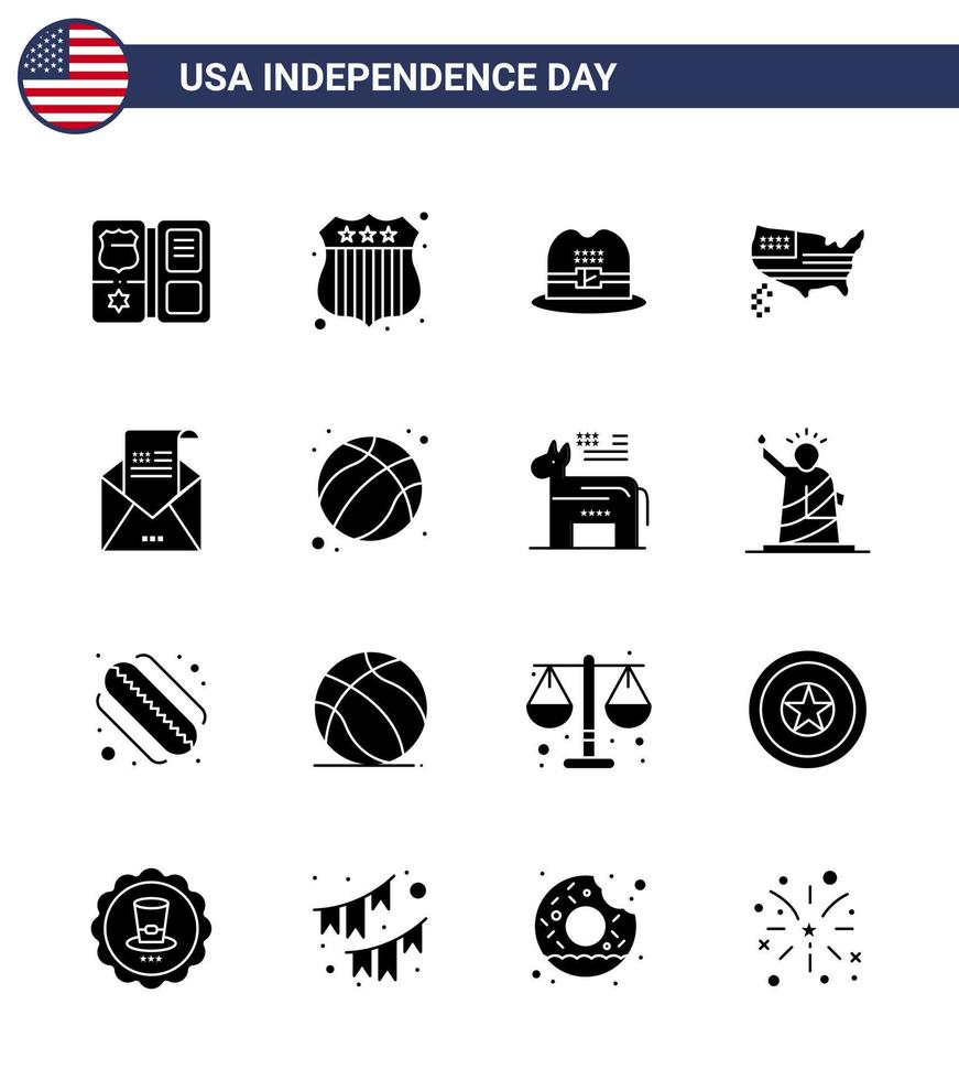 16 Solid Glyph Signs for USA Independence Day invitation envelope cap email thanksgiving Editable USA Day Vector Design Elements