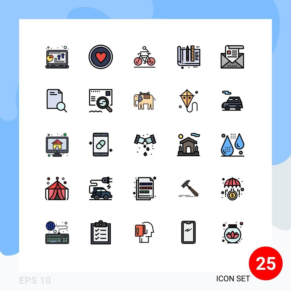 grupo de 25 colores planos de línea rellena modernos establecidos para el diseño de reglas corona arquitecto ciclismo elementos de diseño de vectores editables