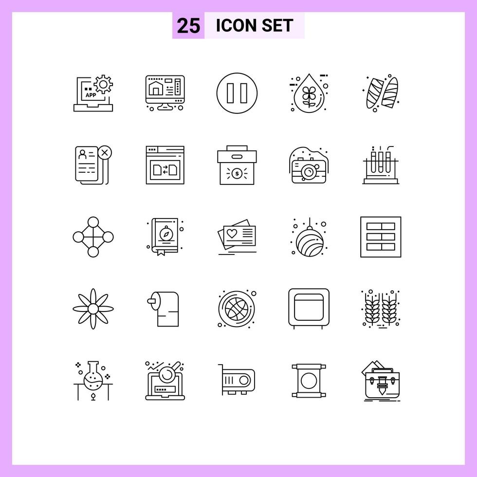 Pictogram Set of 25 Simple Lines of surfboard recreation circle liquid eco Editable Vector Design Elements