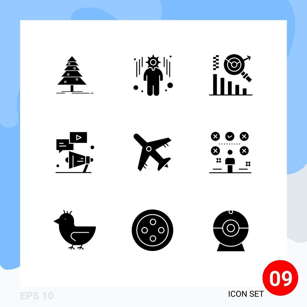 Universal Icon Symbols Group of 9 Modern Solid Glyphs of vacation airport graph marketing youtube Editable Vector Design Elements