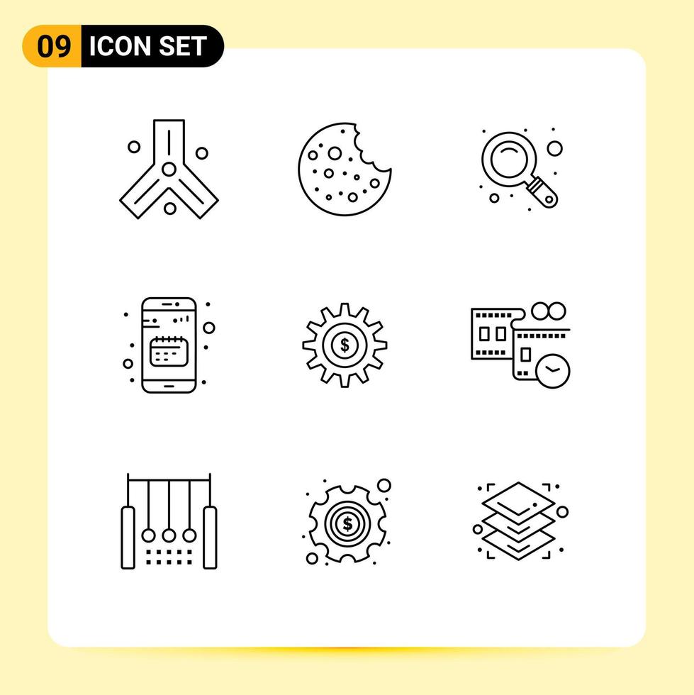 Set of 9 Commercial Outlines pack for money gear search mobile calendar Editable Vector Design Elements