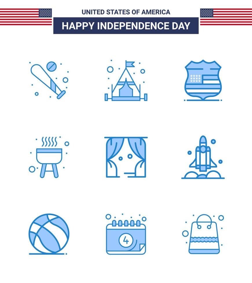 9 USA Blue Pack of Independence Day Signs and Symbols of theatre entertainment shield cook barbecue Editable USA Day Vector Design Elements