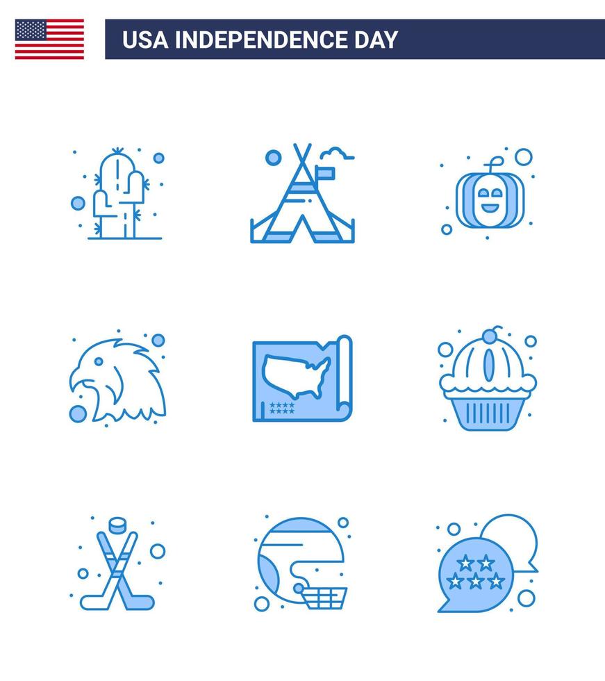 Happy Independence Day Pack of 9 Blues Signs and Symbols for usa states american map bird Editable USA Day Vector Design Elements
