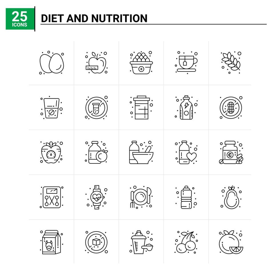 25 iconos de dieta y nutrición establecen antecedentes vectoriales vector