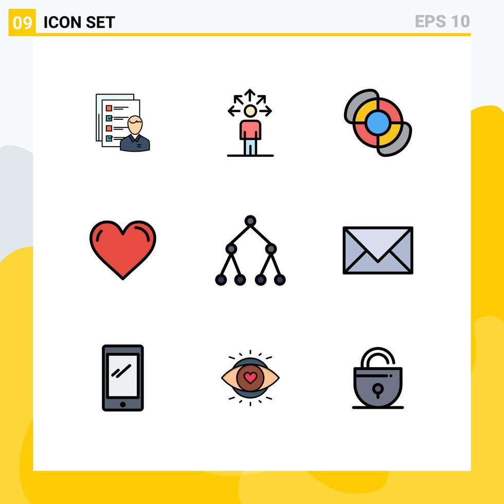Mobile Interface Filledline Flat Color Set of 9 Pictograms of like heart communication summer beach Editable Vector Design Elements