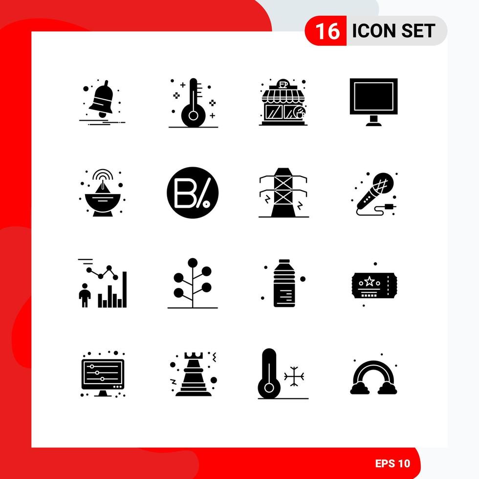 Pack of 16 Modern Solid Glyphs Signs and Symbols for Web Print Media such as balboa radar coffee house antenna display Editable Vector Design Elements