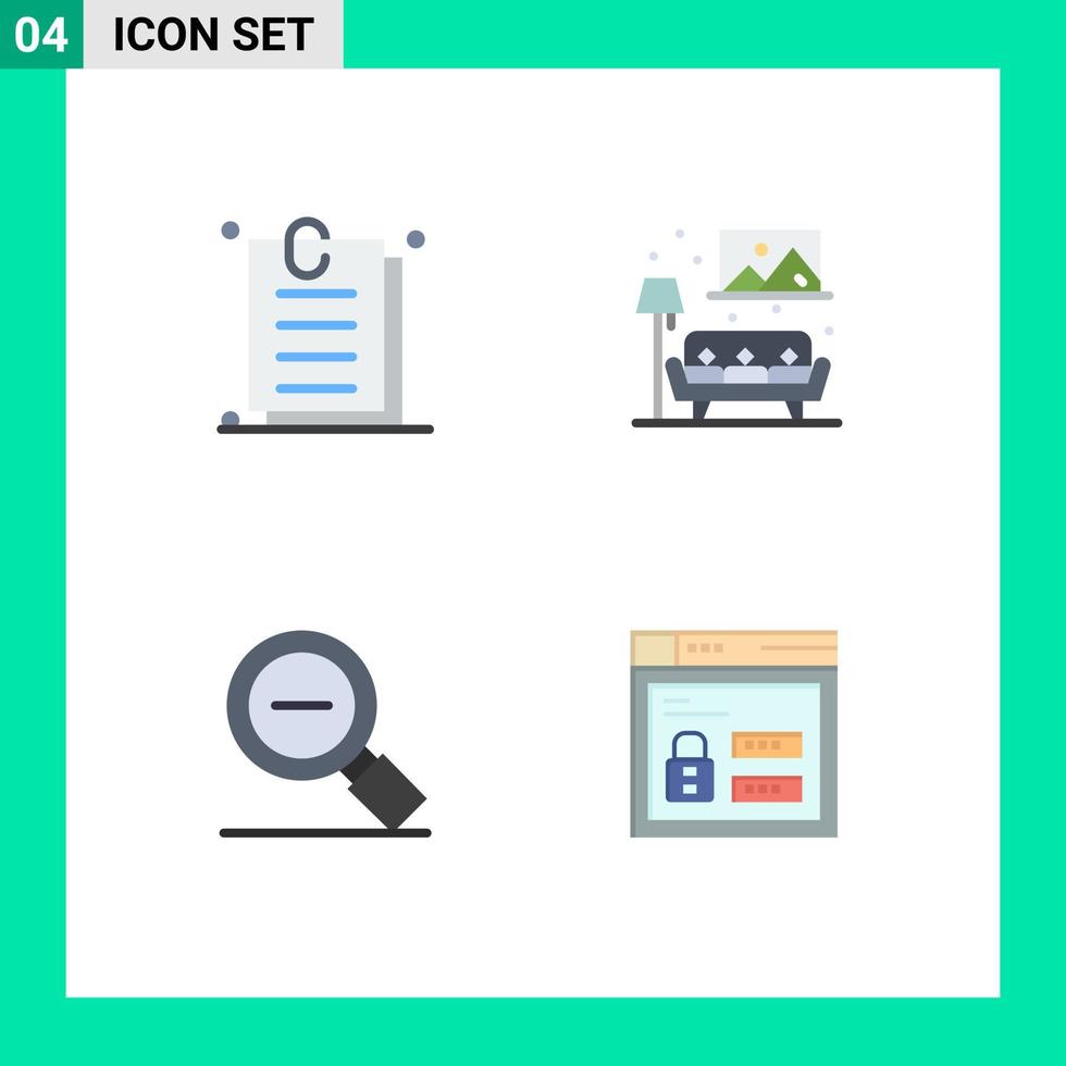 paquete de 4 signos y símbolos de iconos planos modernos para medios de impresión web, como elementos adjuntos de diseño de vectores editables de lupa de vida menos ui