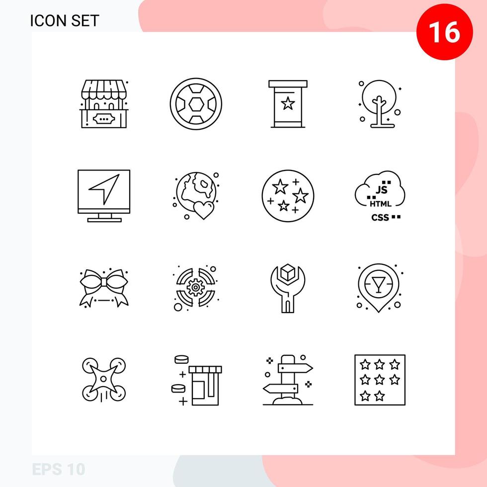 Pack of 16 Modern Outlines Signs and Symbols for Web Print Media such as computer small conference plant farm Editable Vector Design Elements