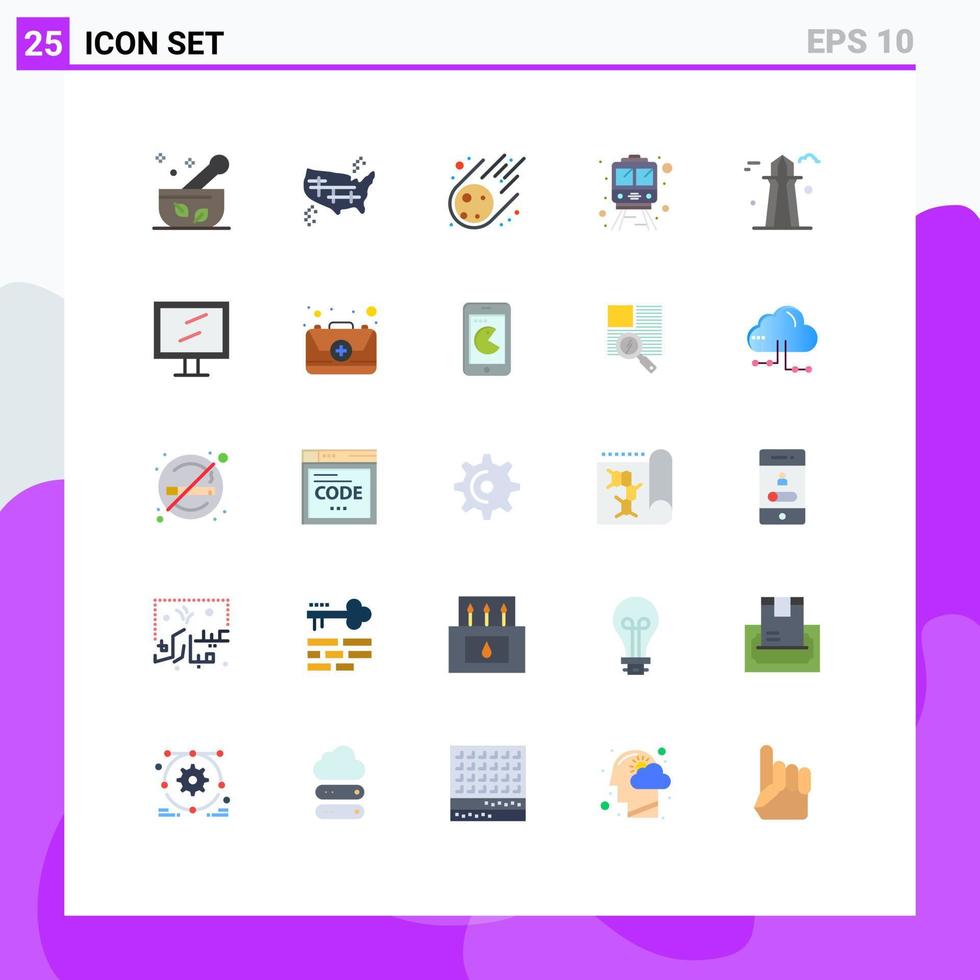 Pack of 25 Modern Flat Colors Signs and Symbols for Web Print Media such as co tower transportation america train space Editable Vector Design Elements