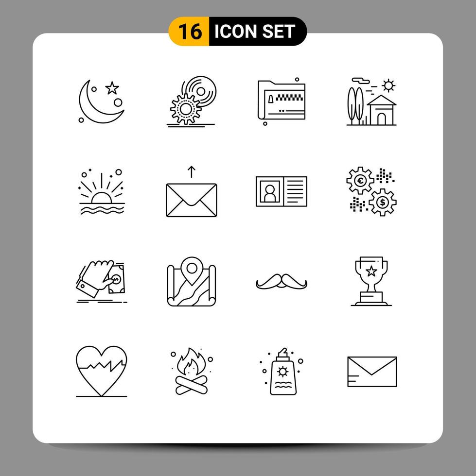 Pack of 16 Modern Outlines Signs and Symbols for Web Print Media such as property estate software zip files Editable Vector Design Elements
