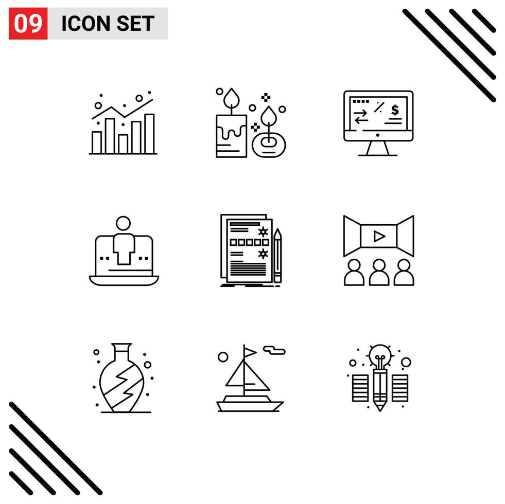 Set of 9 Vector Outlines on Grid for technology digital candle computer income Editable Vector Design Elements