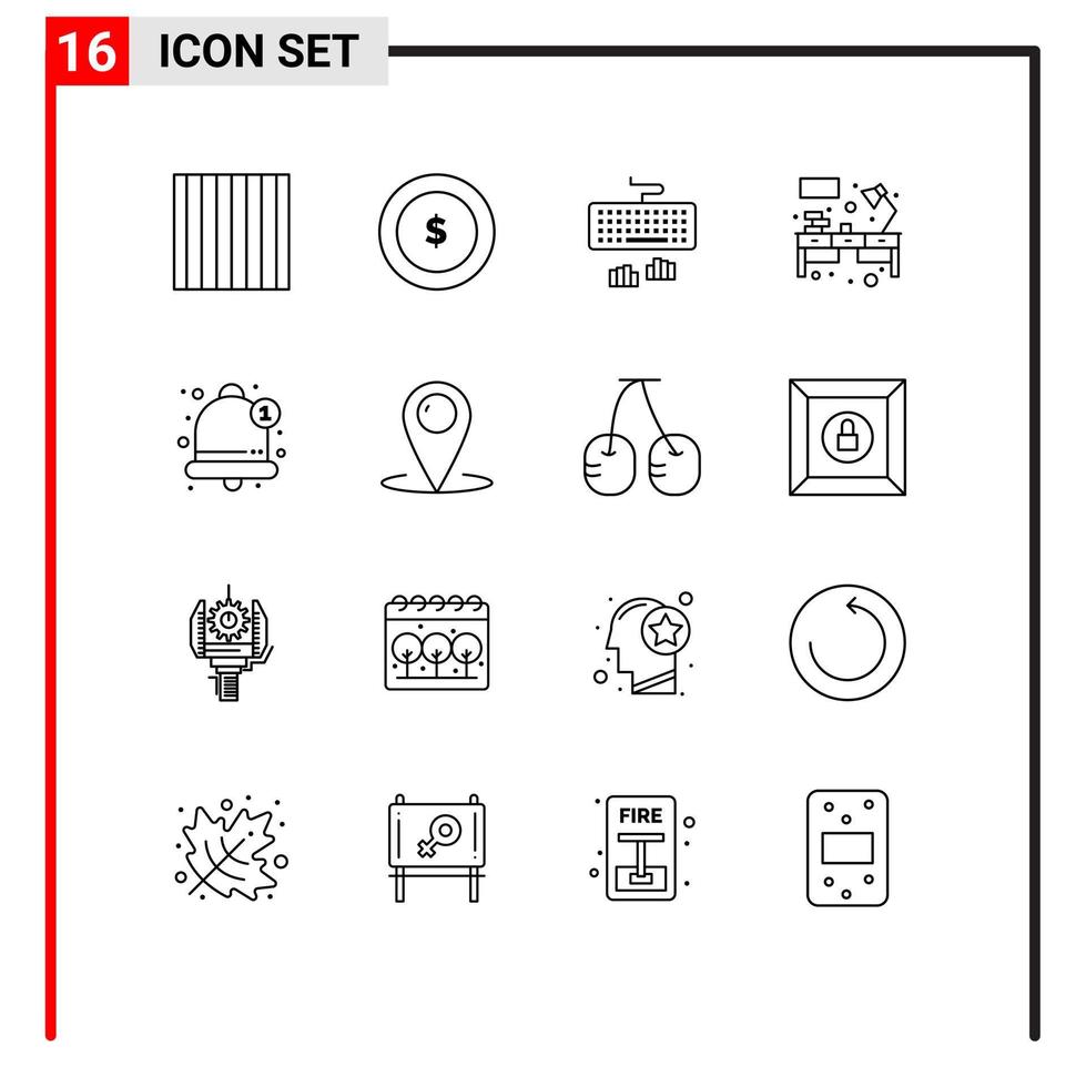 Set of 16 Commercial Outlines pack for alarm bell type alert table Editable Vector Design Elements