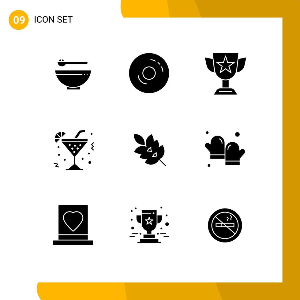 Universal Icon Symbols Group of 9 Modern Solid Glyphs of beverage drink sweet glass prize Editable Vector Design Elements