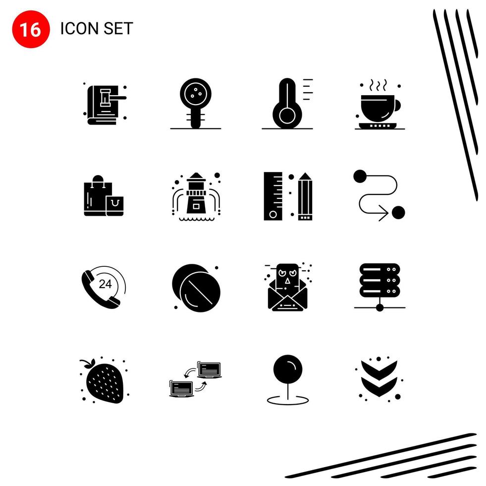 Pack of 16 Modern Solid Glyphs Signs and Symbols for Web Print Media such as tea drink laboratory coffee thermometer Editable Vector Design Elements