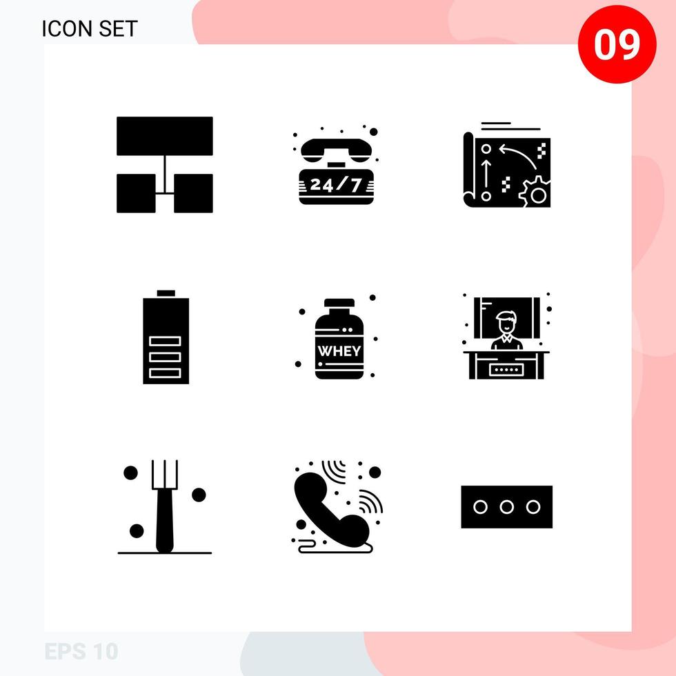 Editable Vector Line Pack of 9 Simple Solid Glyphs of nutrition energy automation electricity battery Editable Vector Design Elements