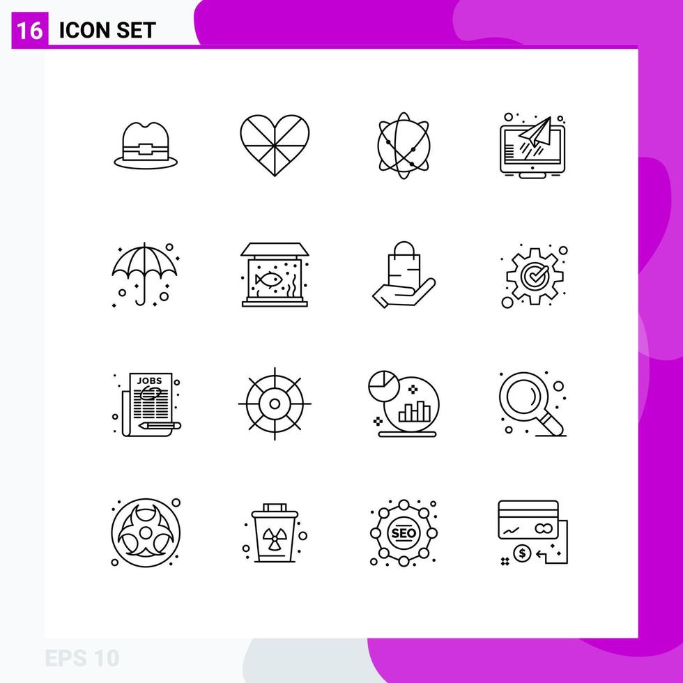 Group of 16 Modern Outlines Set for umbrella screen computing reader message Editable Vector Design Elements