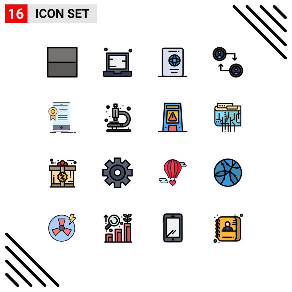 Pack of 16 Modern Flat Color Filled Lines Signs and Symbols for Web Print Media such as app certificate passport swap account Editable Creative Vector Design Elements