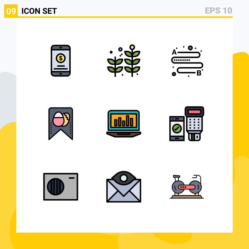 9 concepto de color plano de línea completa para sitios web móviles y aplicaciones estadísticas análisis gráfico de viaje huevo elementos de diseño vectorial editables vector