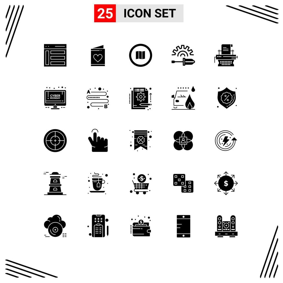 Pictogram Set of 25 Simple Solid Glyphs of tool driver heart screw driver mapquest Editable Vector Design Elements