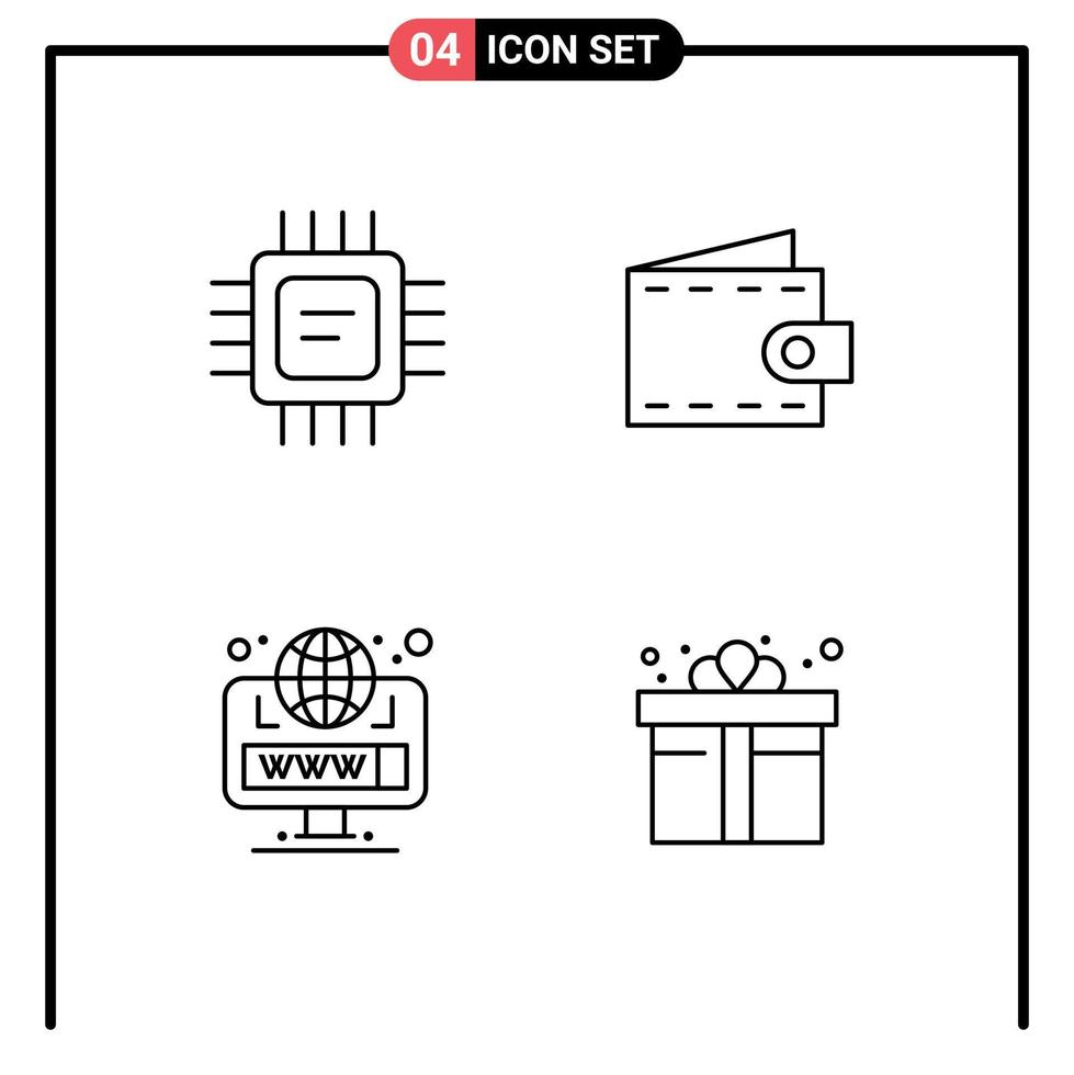 4 User Interface Line Pack of modern Signs and Symbols of chip globe processor purse web Editable Vector Design Elements