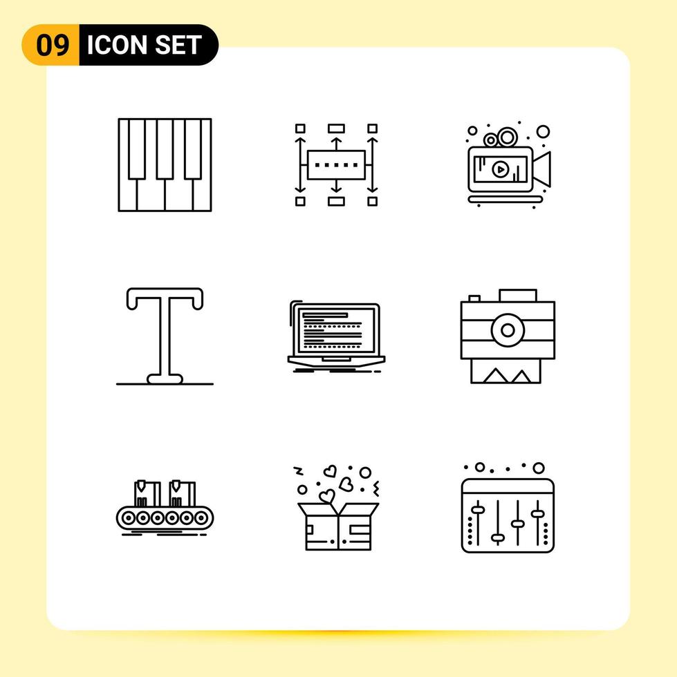 Outline Pack of 9 Universal Symbols of coding text modern semi bold video Editable Vector Design Elements