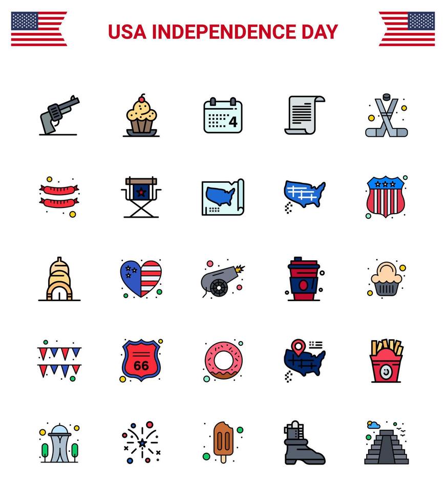 Pack of 25 creative USA Independence Day related Flat Filled Lines of hockey american thanksgiving text american Editable USA Day Vector Design Elements