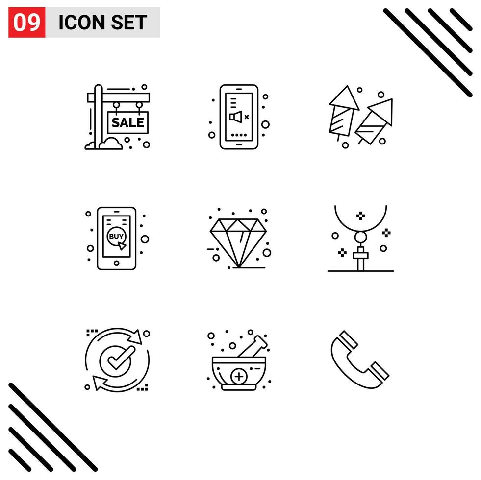 Mobile Interface Outline Set of 9 Pictograms of mobile click mobile mute new year diwali Editable Vector Design Elements