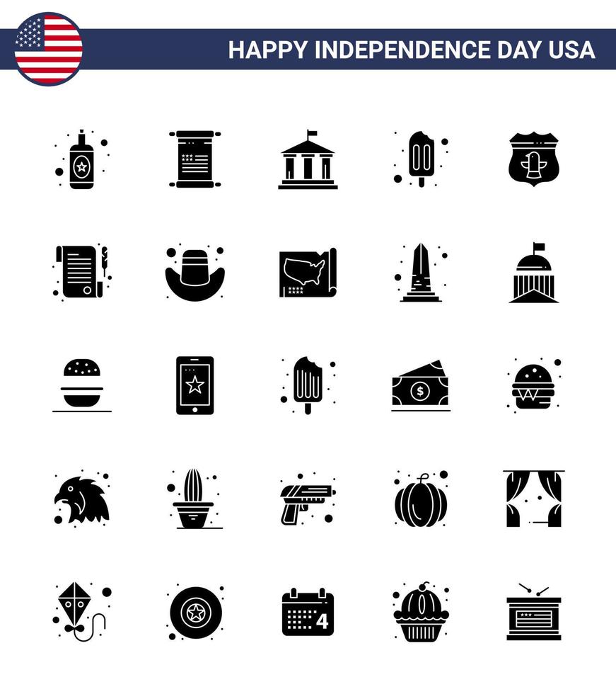 Big Pack of 25 USA Happy Independence Day USA Vector Solid Glyph and Editable Symbols of security usa flag sheild popsicle Editable USA Day Vector Design Elements