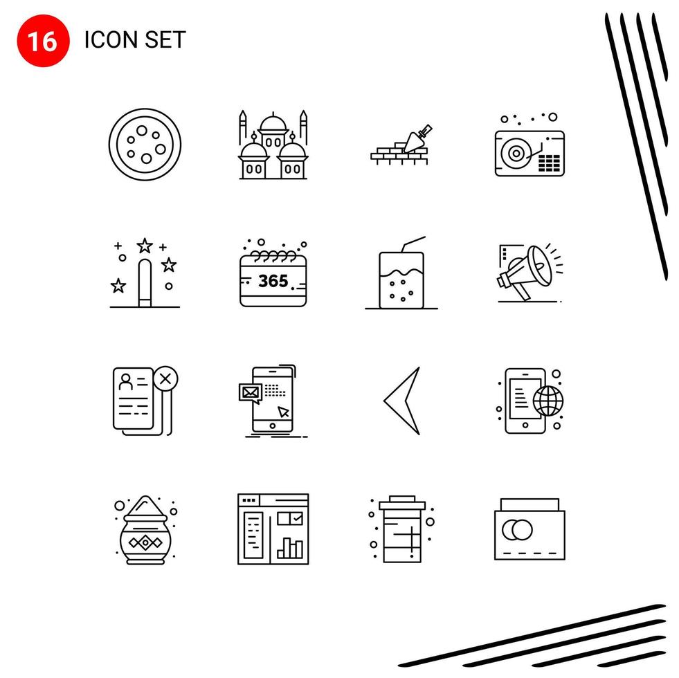 16 User Interface Outline Pack of modern Signs and Symbols of coding gramophone moon audio building Editable Vector Design Elements