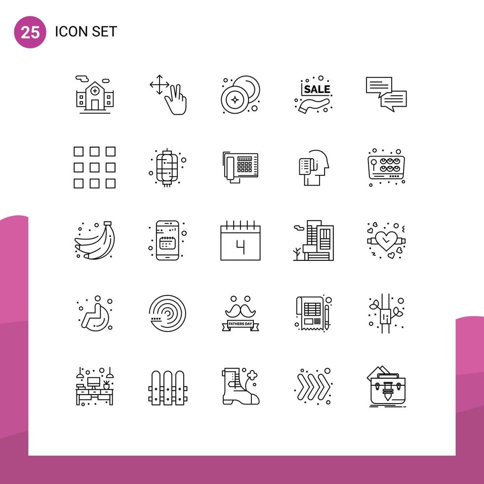25 User Interface Line Pack of modern Signs and Symbols of message chat coin promotion sale hand Editable Vector Design Elements